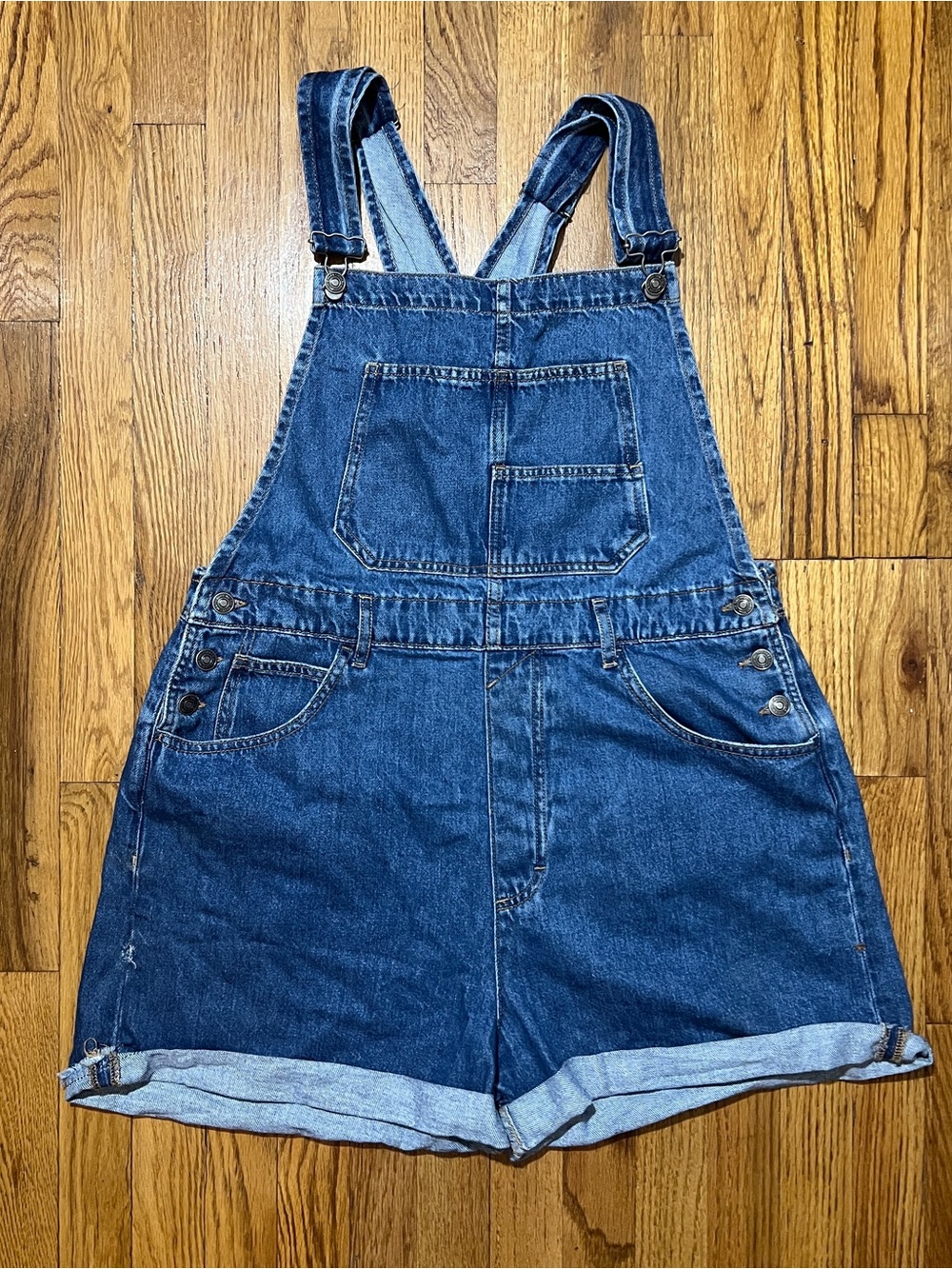 READ We The Free Women's XL Blue Denim Overall Shortalls Bibs Adjustable Button